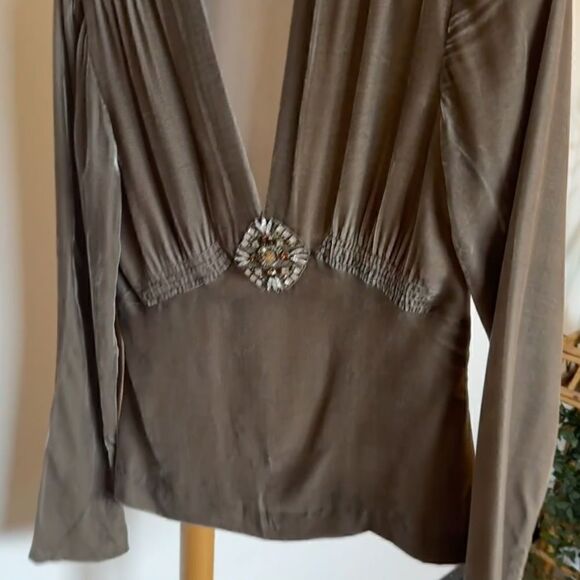 RALPH LAUREN COLLECTION Taupe Velvet LS v-neck Blouse with crystal detail- 6 - Picture 3 of 9
